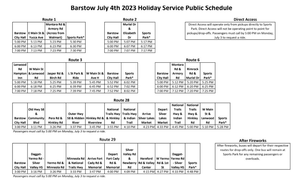 Barstow July 4th Holiday Service Public Schedule